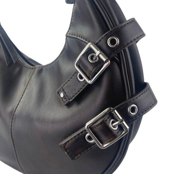 Rita Ora Women's Black Leather Buckle Half Moon Hobo Shoulder Handbag Size OS - Picture 4 of 6